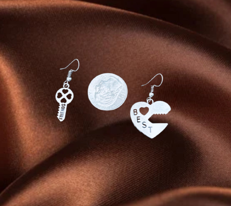 Best Friends Heart & Key Mismatch Dangle Earrings