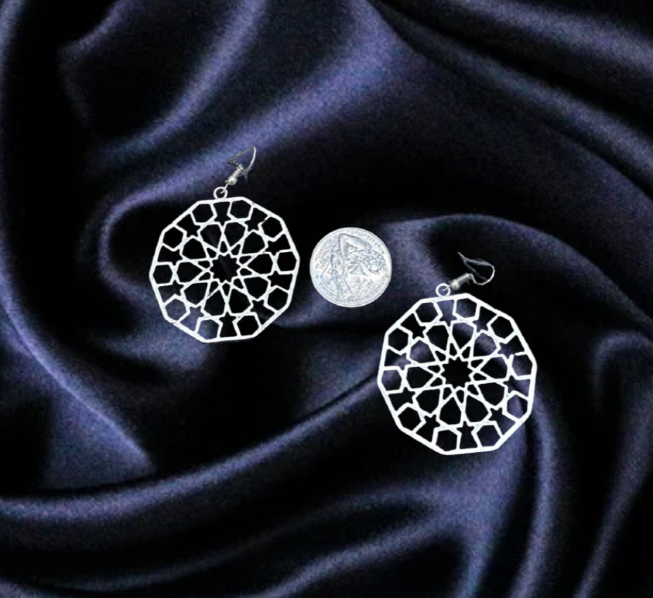 Geometric Filigree Silver Medallion Drop Earrings