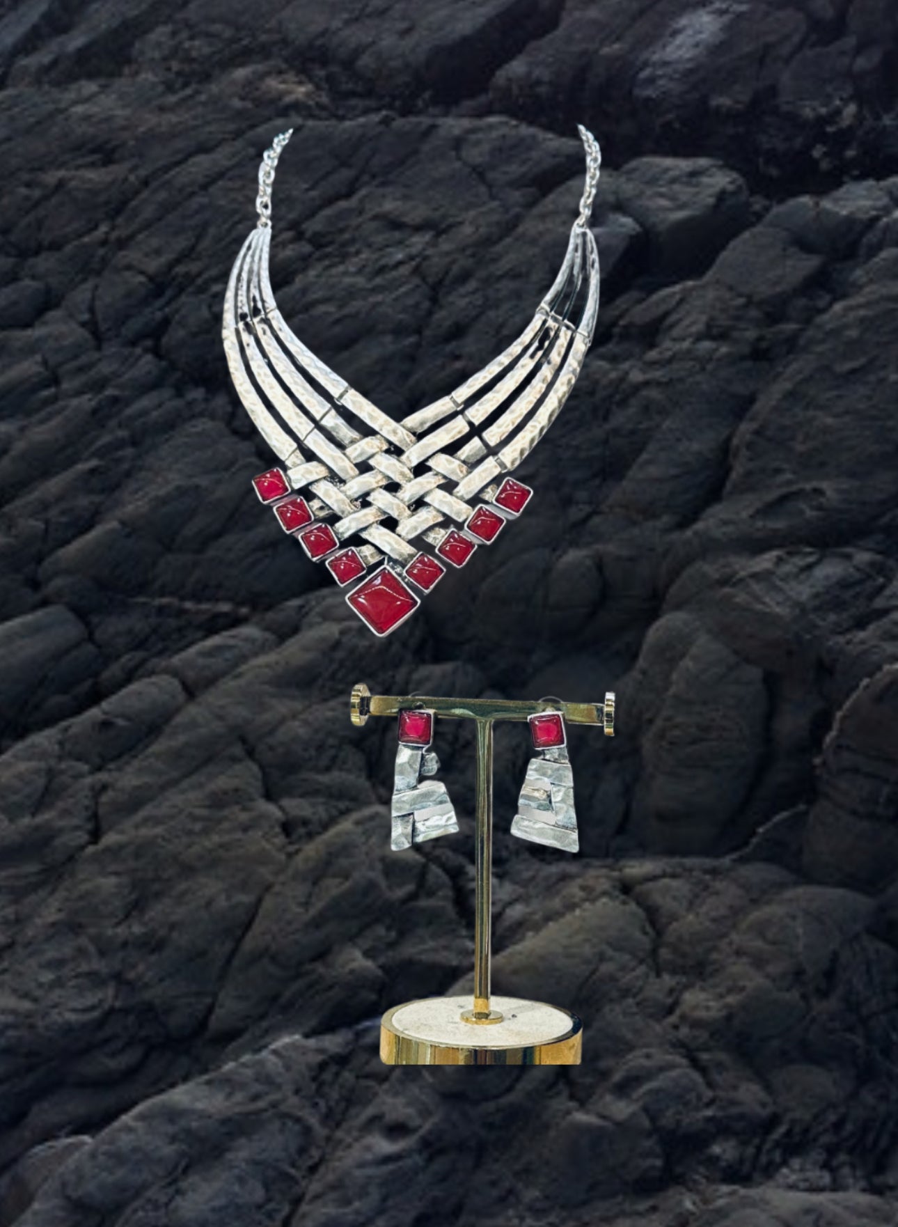 Bold Silver Tribal-Inspired Bib Necklace with Red geometric Accents