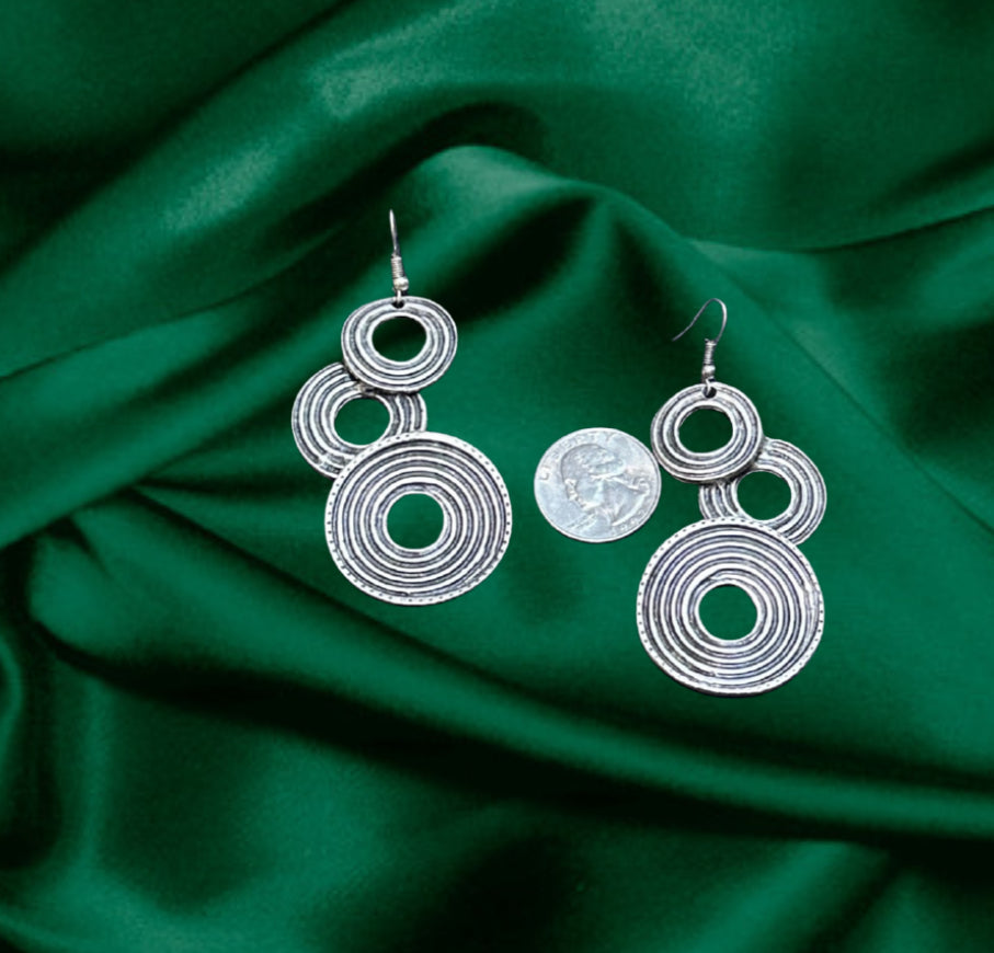 Triple Concentric Circle Silver Drop Earrings