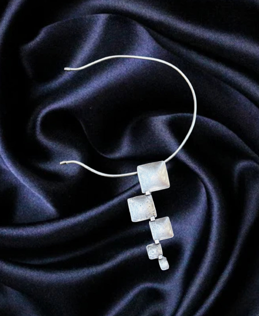 Modern Geometric Silver Drop Hoop Earring