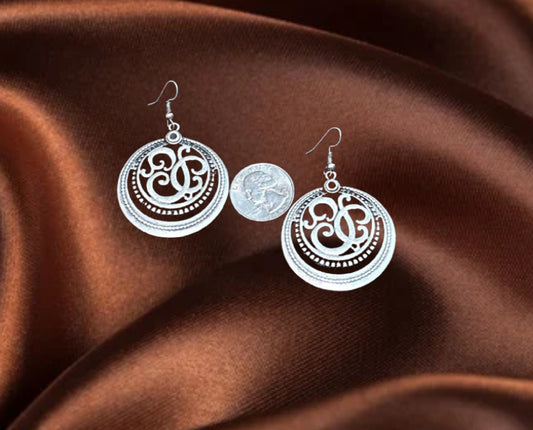 Ornate Filigree Round Silver Drop Earrings