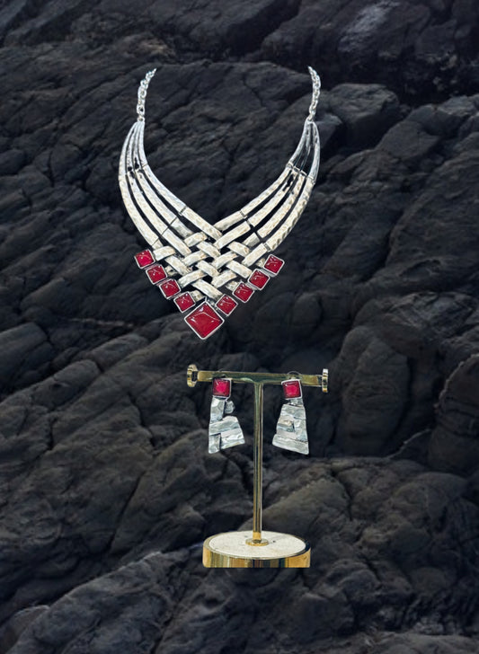 Bold Silver Tribal-Inspired Bib Necklace with Red geometric Accents