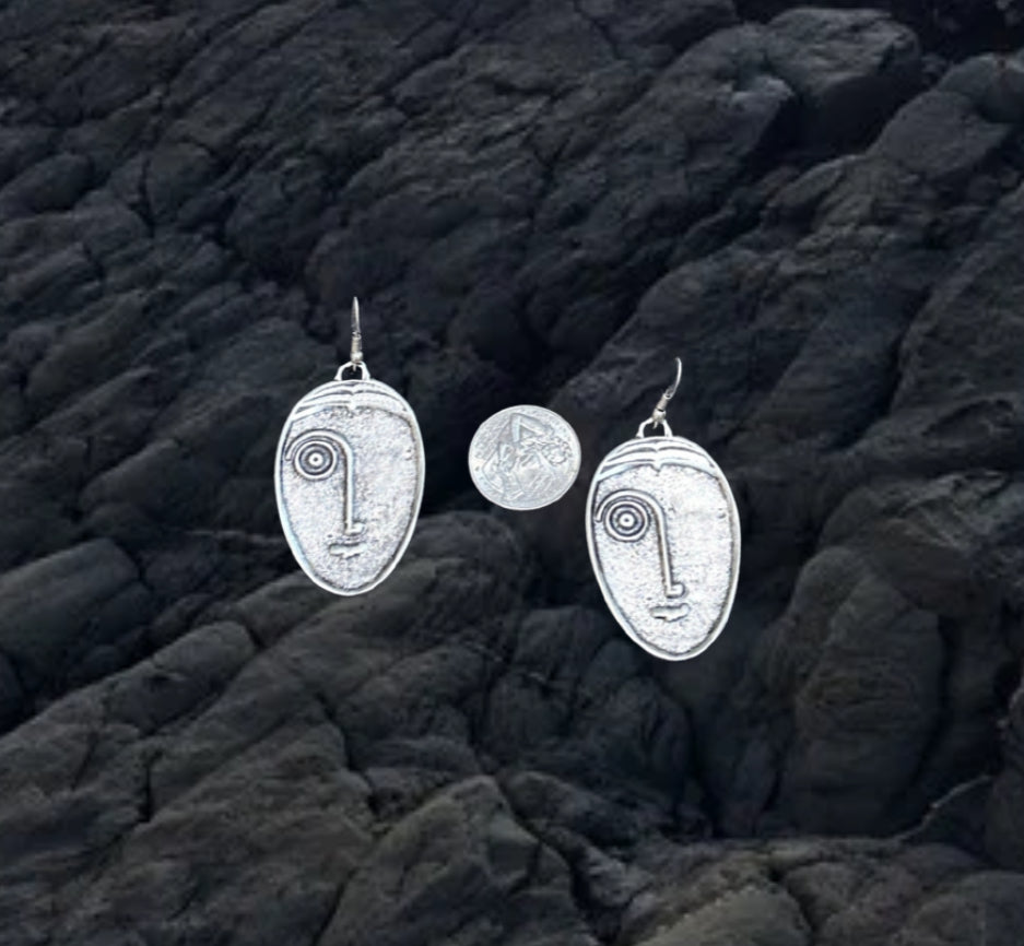 Abstract Tribal Face Silver plated Drop Earrings