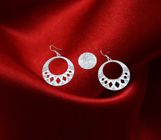 Tribal Cutout Hoop Silver Drop Earrings
