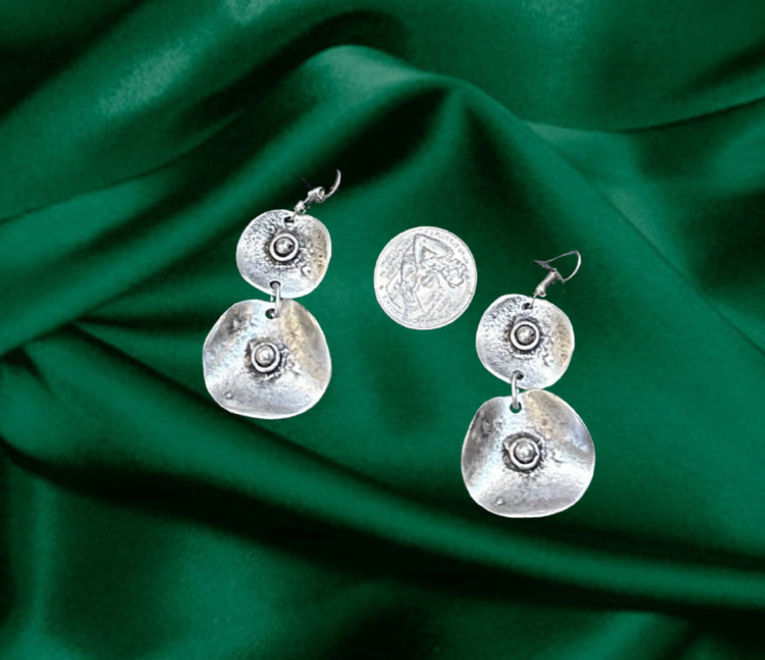 Rustic Hammered Double Disc Silver Drop Earrings