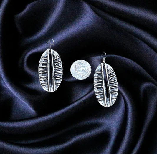 Textured Oval Silver Drop Earrings