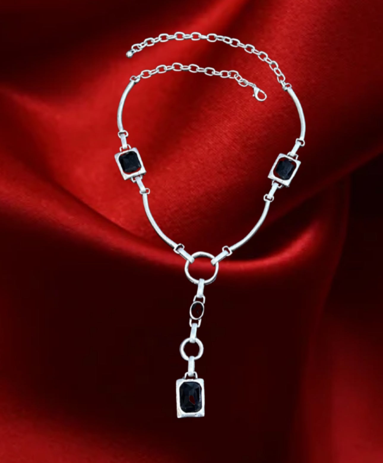 Silver Black Drop Statement Necklace