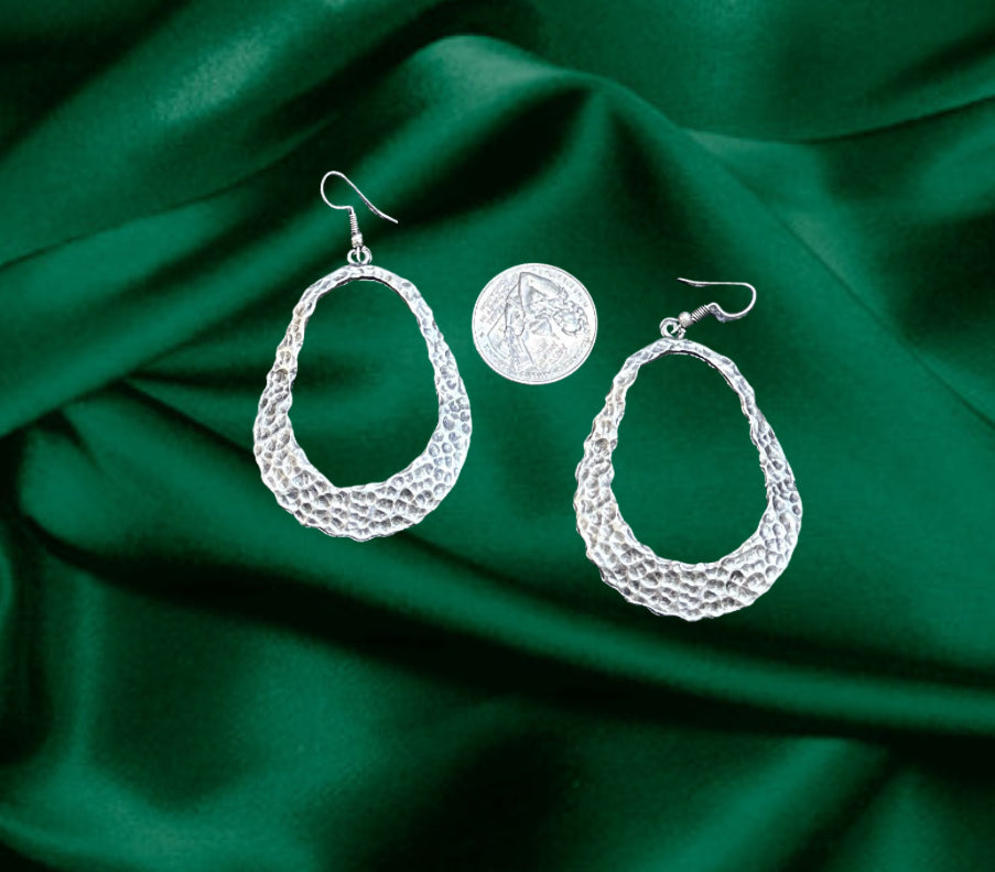 Hammered Open Oval Silver Drop Earring