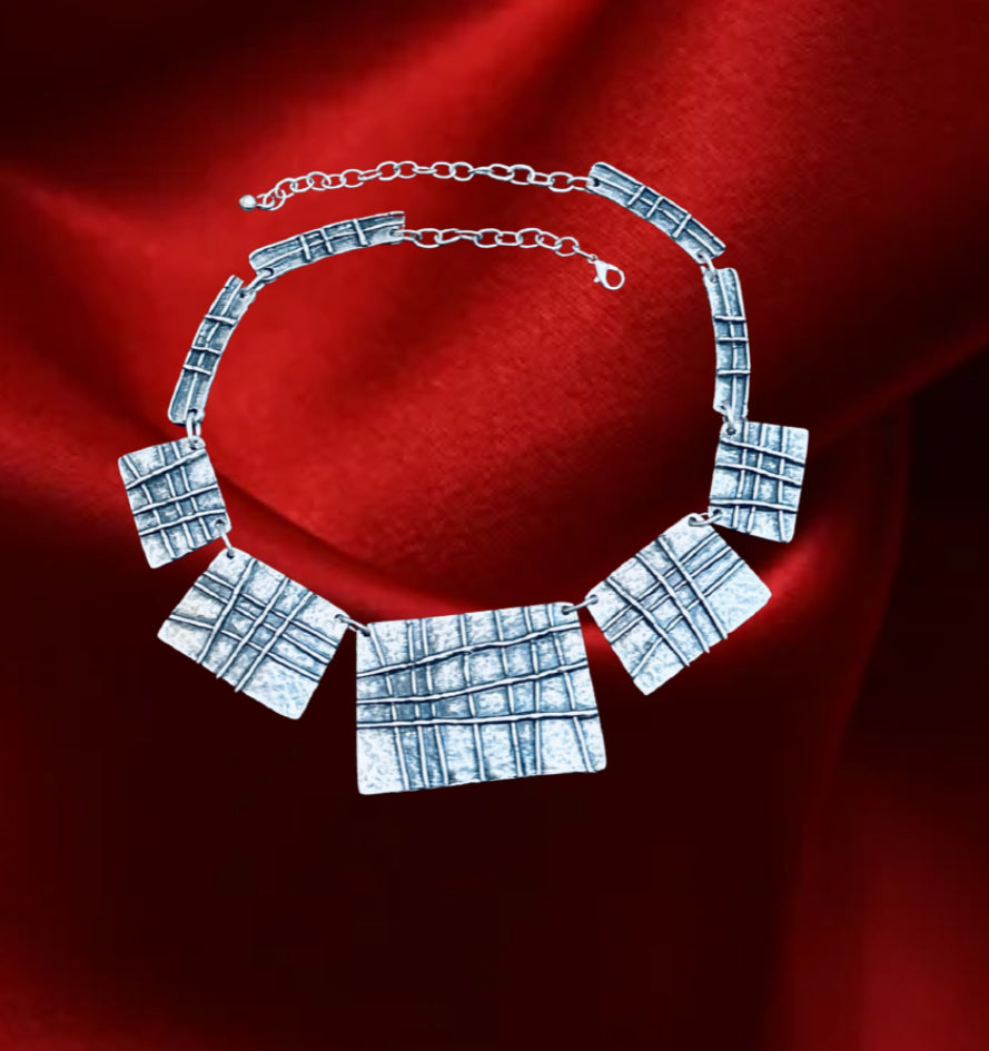 Textured Geometric Silver plated Statement Bib Necklace